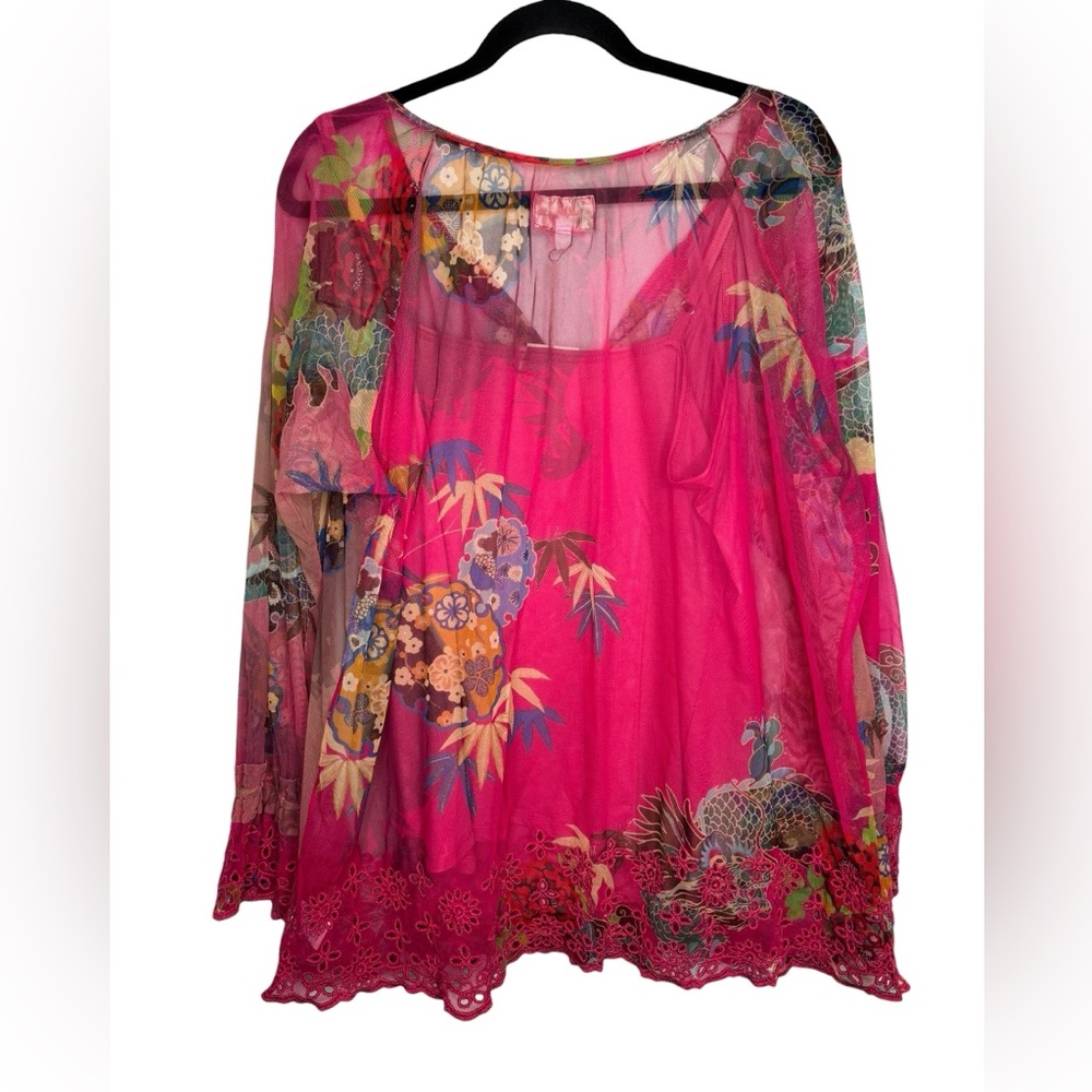 NEW Johnny Was BIYA Mazzy Floral Print Embroidered Mesh Split V-Neck Blouse XL - Picture 2 of 13